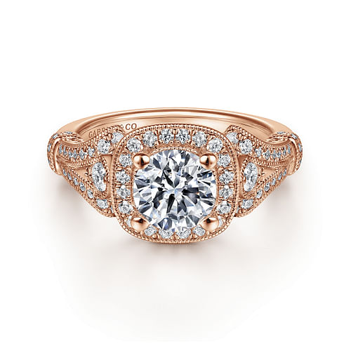 Vintage Inspired 14K Rose Gold Cushion Halo Round Diamond Engagement Ring