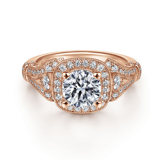 Gabriel - Vintage Inspired 14K Rose Gold Cushion Halo Round Diamond Engagement Ring