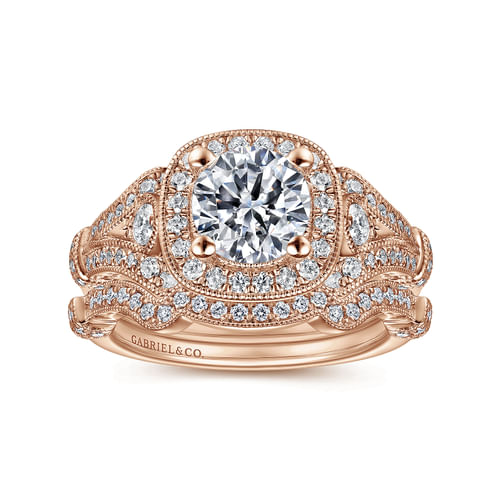 Vintage Inspired 14K Rose Gold Cushion Halo Round Diamond Engagement Ring