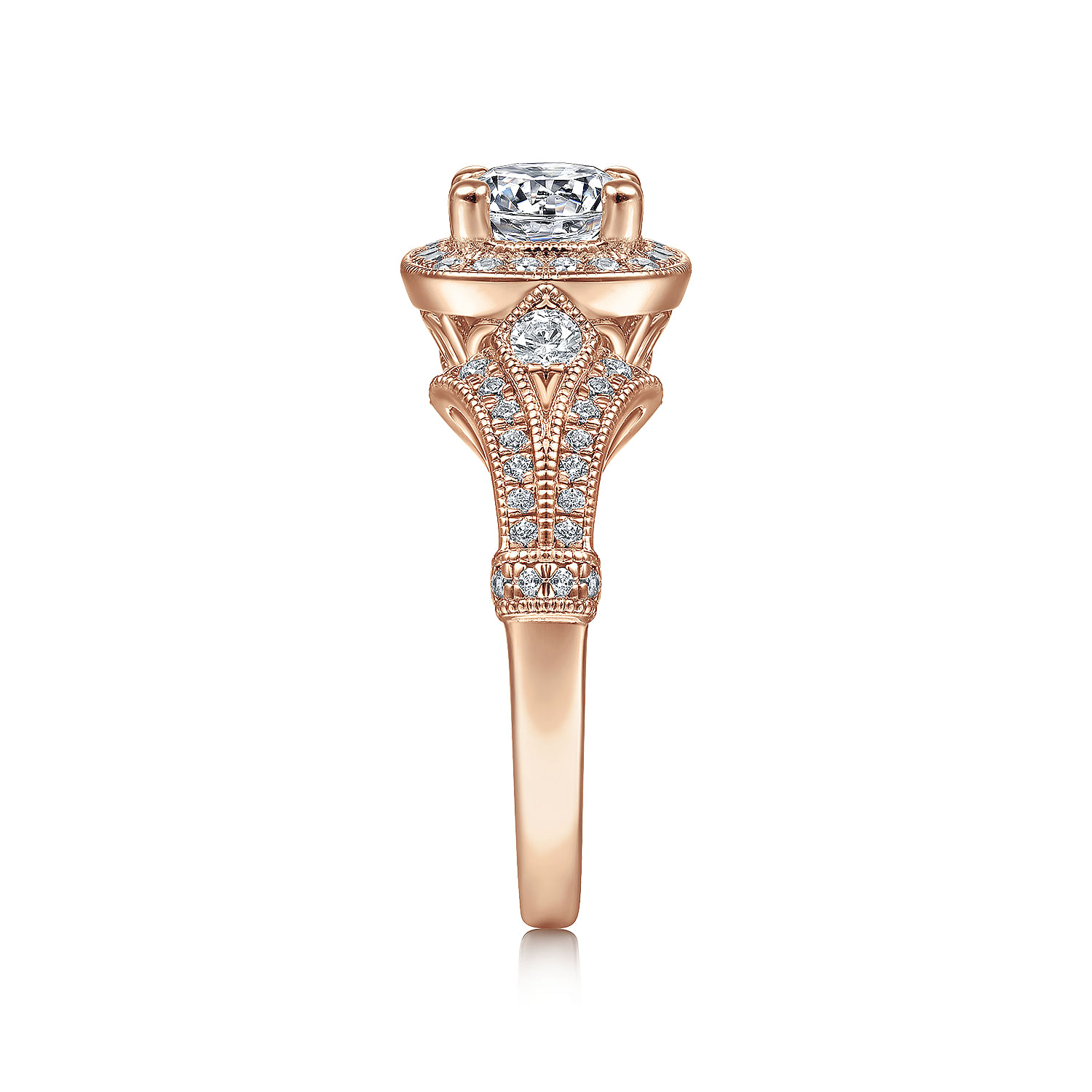 Vintage Inspired 14K Rose Gold Cushion Halo Round Diamond Engagement Ring