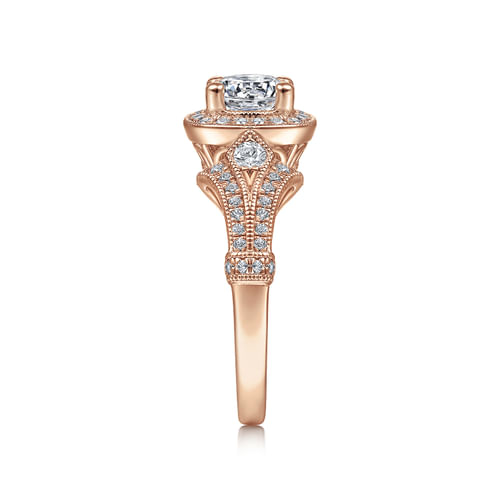 Vintage Inspired 14K Rose Gold Cushion Halo Round Diamond Engagement Ring