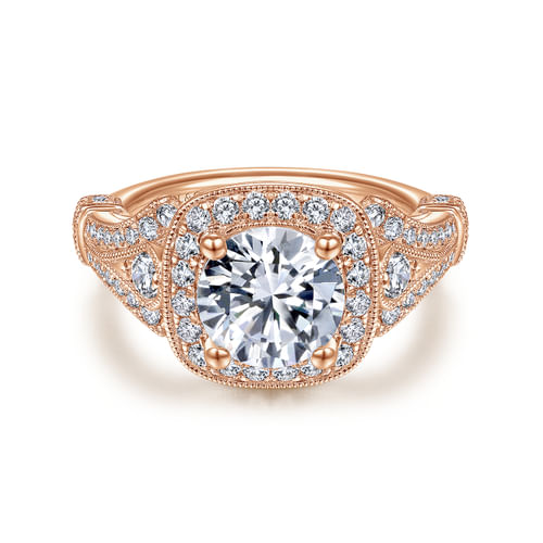 Vintage Inspired 14K Rose Gold Cushion Halo Round Diamond Engagement Ring