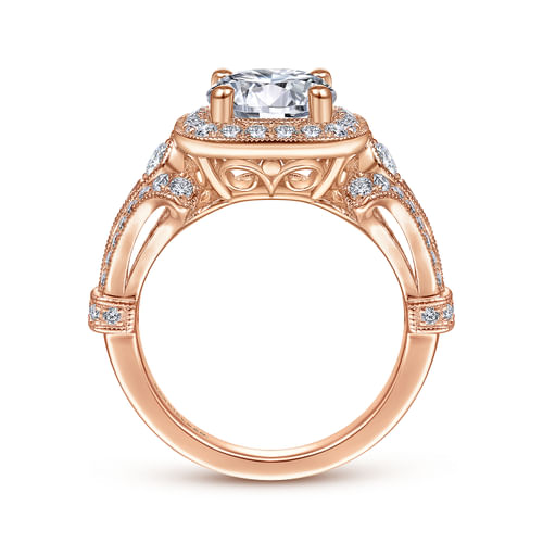 Vintage Inspired 14K Rose Gold Cushion Halo Round Diamond Engagement Ring