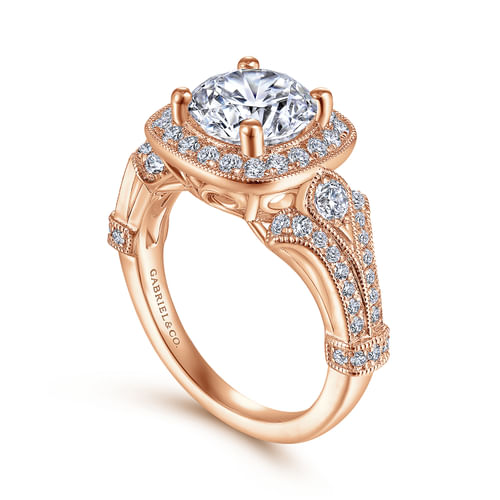 Vintage Inspired 14K Rose Gold Cushion Halo Round Diamond Engagement Ring