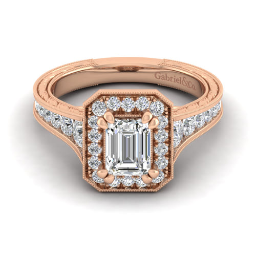 Vintage Inspired 14K Rose Gold Emerald Halo Diamond Channel Set Engagement Ring