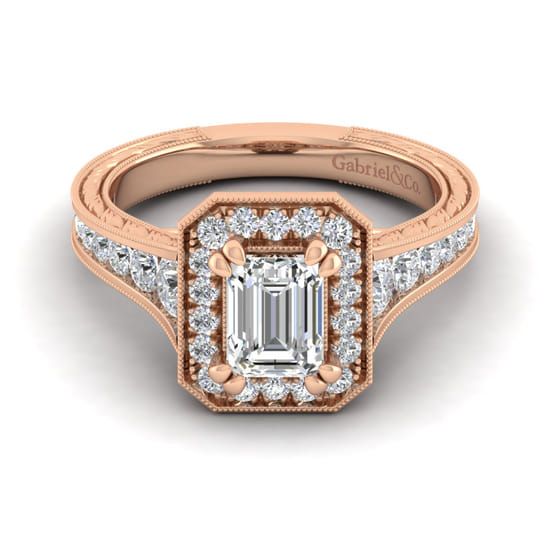 Gabriel - Vintage Inspired 14K Rose Gold Emerald Halo Diamond Channel Set Engagement Ring