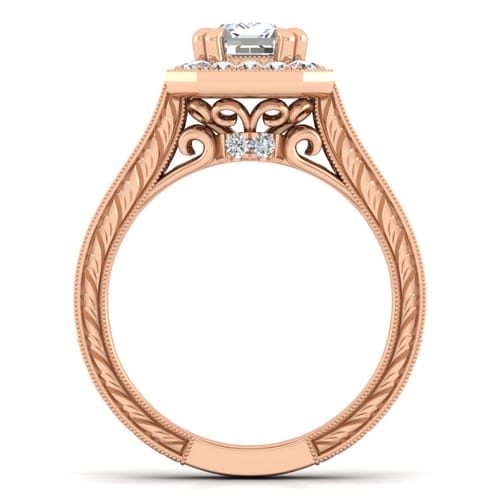 Vintage Inspired 14K Rose Gold Emerald Halo Diamond Channel Set Engagement Ring