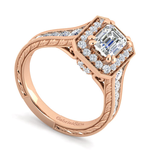 Vintage Inspired 14K Rose Gold Emerald Halo Diamond Channel Set Engagement Ring