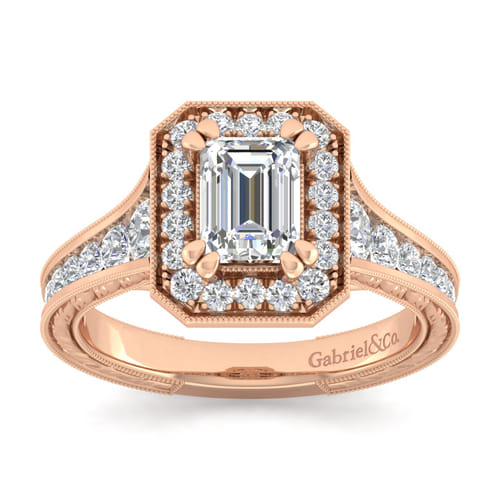 Vintage Inspired 14K Rose Gold Emerald Halo Diamond Channel Set Engagement Ring