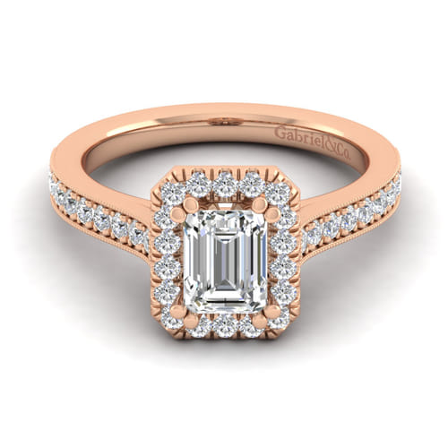 Vintage Inspired 14K Rose Gold Emerald Halo Diamond Engagement Ring