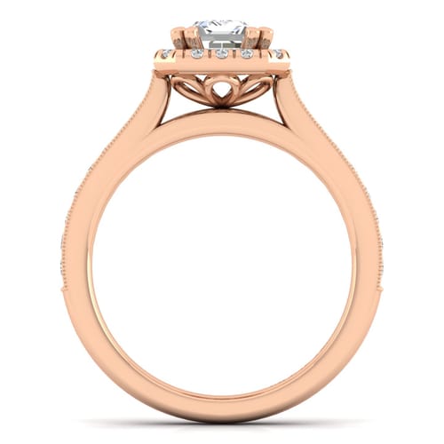 Vintage Inspired 14K Rose Gold Emerald Halo Diamond Engagement Ring