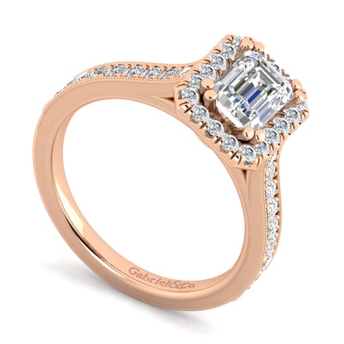 Vintage Inspired 14K Rose Gold Emerald Halo Diamond Engagement Ring