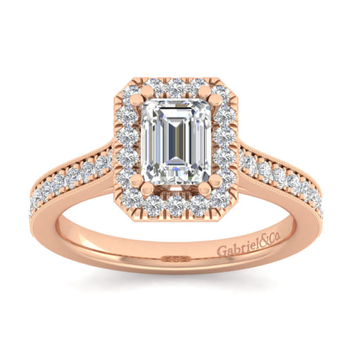 Vintage Inspired 14K Rose Gold Emerald Halo Diamond Engagement Ring