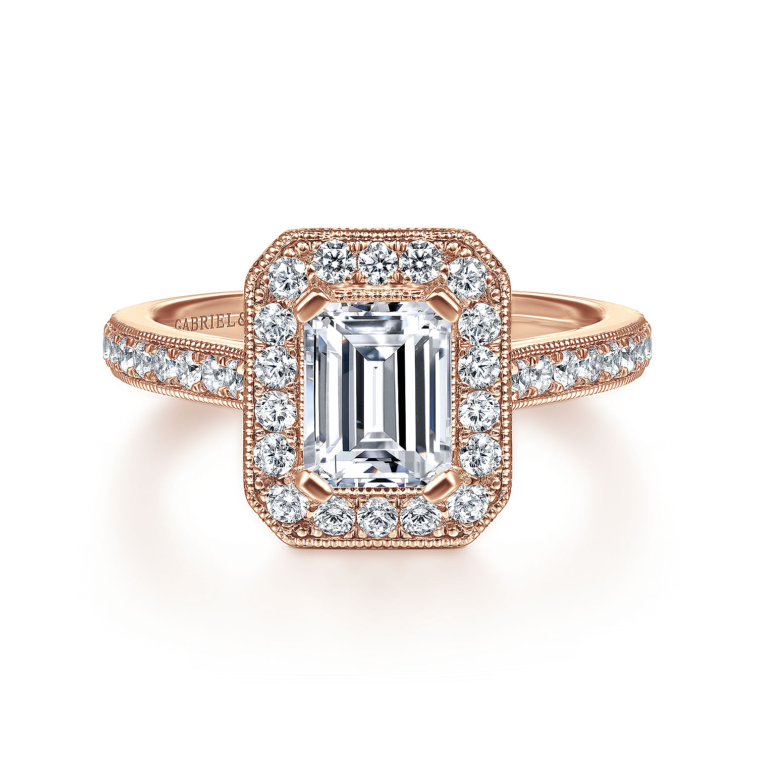 Gabriel - Vintage Inspired 14K Rose Gold Emerald Halo Diamond Engagement Ring