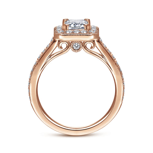 Vintage Inspired 14K Rose Gold Emerald Halo Diamond Engagement Ring