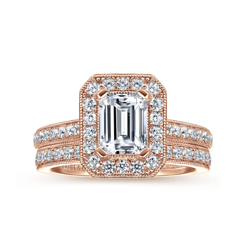 Vintage Inspired 14K Rose Gold Emerald Halo Diamond Engagement Ring