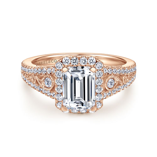 Vintage Inspired 14K Rose Gold Emerald Halo Diamond Engagement Ring