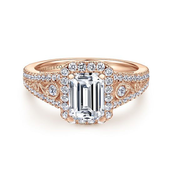 Gabriel - Vintage Inspired 14K Rose Gold Emerald Halo Diamond Engagement Ring