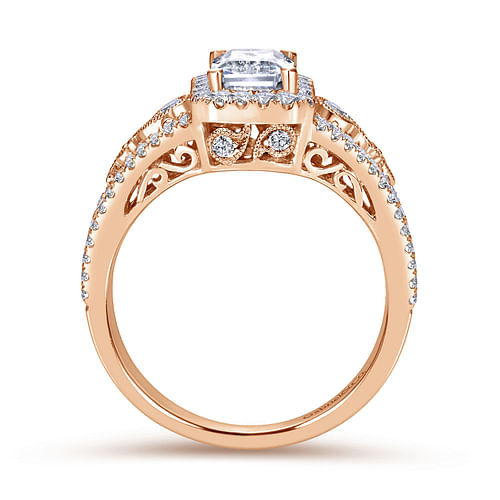 Vintage Inspired 14K Rose Gold Emerald Halo Diamond Engagement Ring