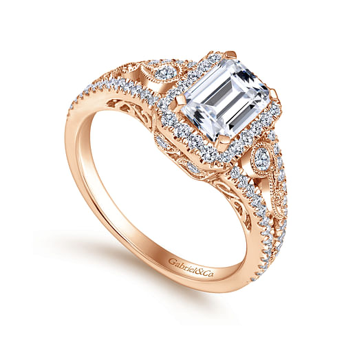 Vintage Inspired 14K Rose Gold Emerald Halo Diamond Engagement Ring