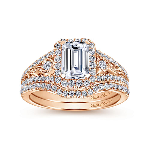 Vintage Inspired 14K Rose Gold Emerald Halo Diamond Engagement Ring
