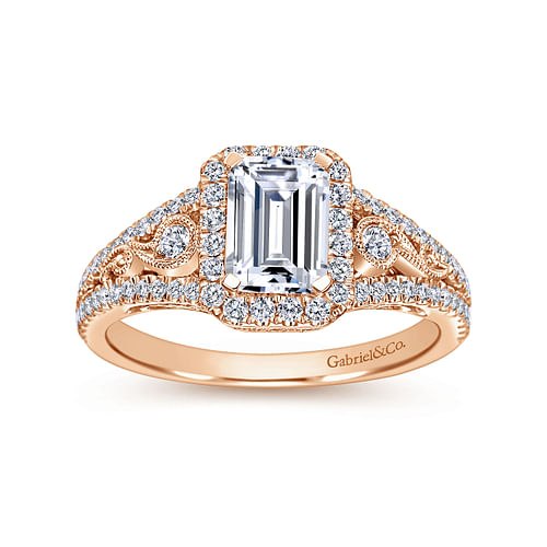 Vintage Inspired 14K Rose Gold Emerald Halo Diamond Engagement Ring