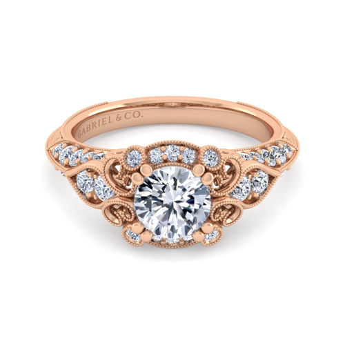 Vintage Inspired 14K Rose Gold Fancy Halo Round Diamond Engagement Ring