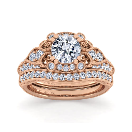 Vintage Inspired 14K Rose Gold Fancy Halo Round Diamond Engagement Ring
