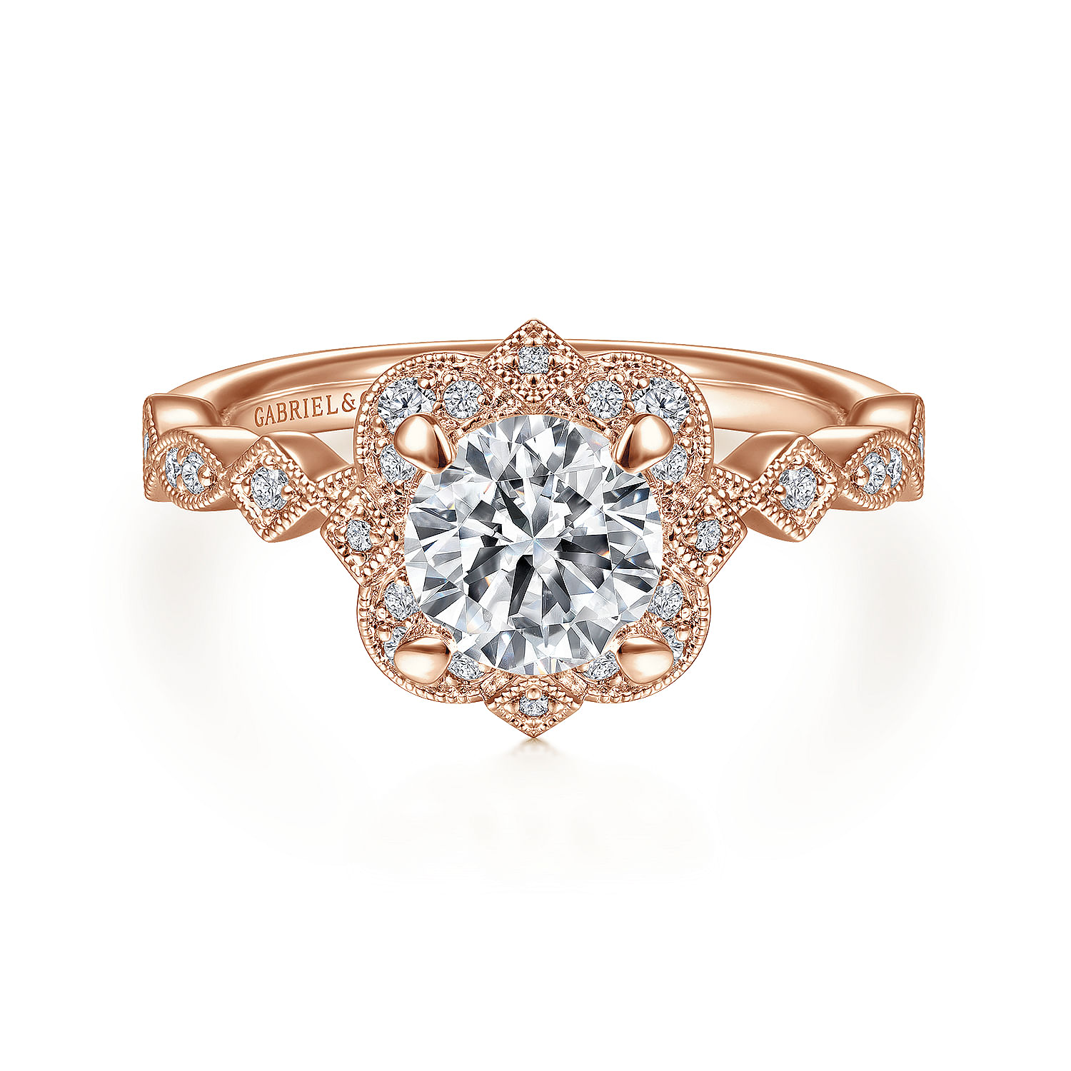 Gabriel - Vintage Inspired 14K Rose Gold Fancy Halo Round Diamond Engagement Ring