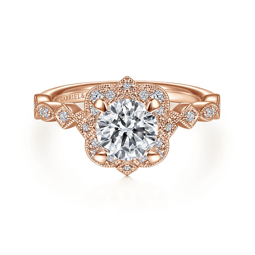 Vintage Inspired 14K Rose Gold Fancy Halo Round Diamond Engagement Ring