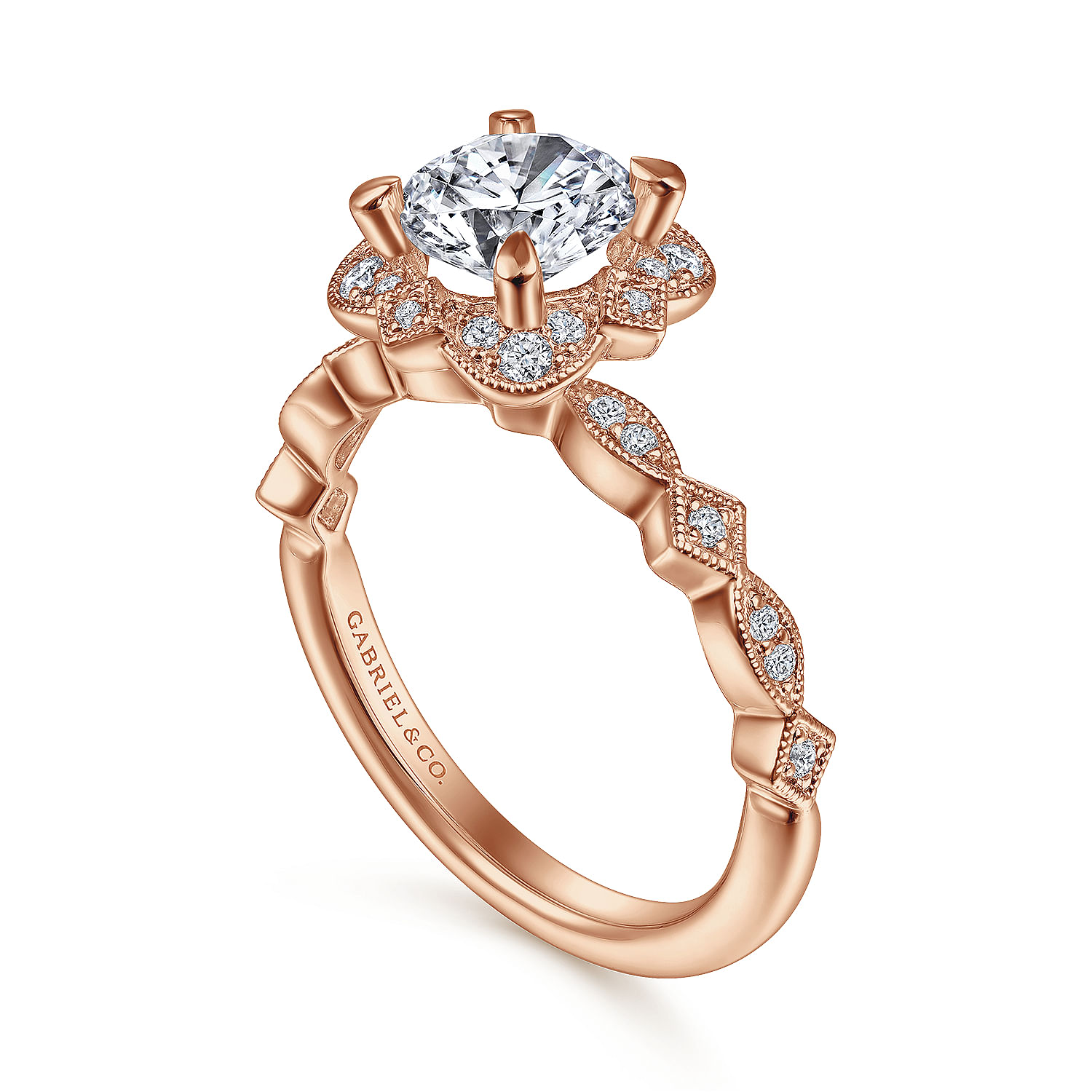 Vintage Inspired 14K Rose Gold Fancy Halo Round Diamond Engagement Ring