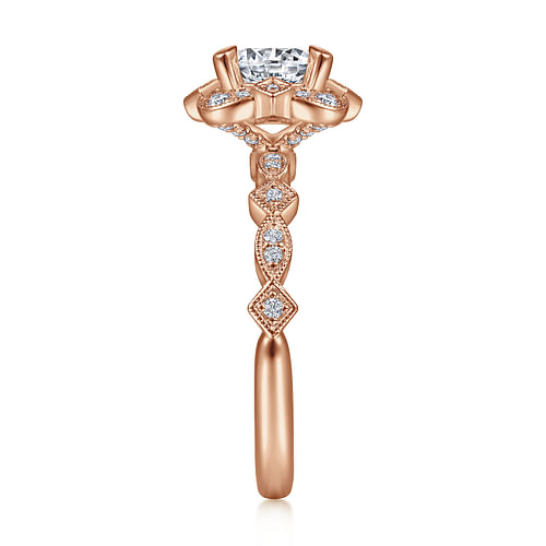 Vintage Inspired 14K Rose Gold Fancy Halo Round Diamond Engagement Ring