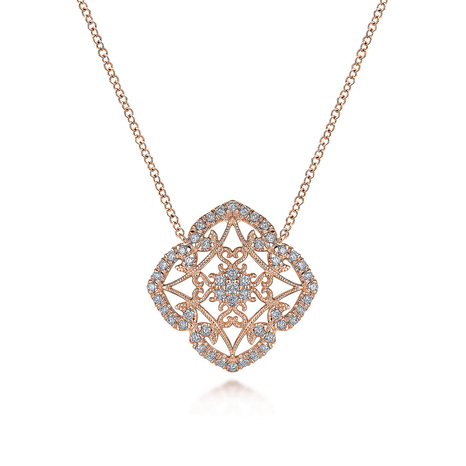 Vintage Inspired 14K Rose Gold Filigree Diamond Pendant Necklace