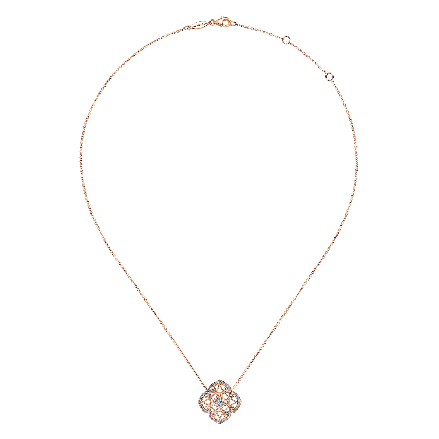 Vintage Inspired 14K Rose Gold Filigree Diamond Pendant Necklace