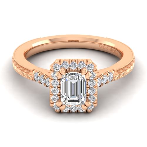 Vintage Inspired 14K Rose Gold Halo Emerald Cut Diamond Engagement Ring