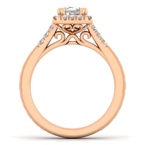 Vintage Inspired 14K Rose Gold Halo Emerald Cut Diamond Engagement Ring