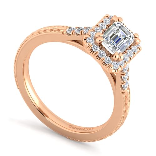 Vintage Inspired 14K Rose Gold Halo Emerald Cut Diamond Engagement Ring