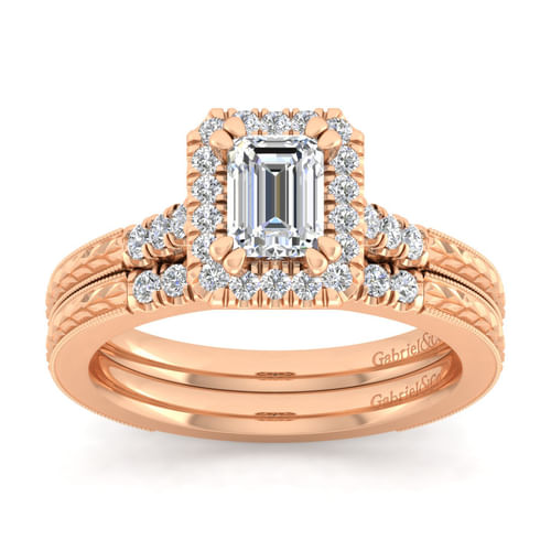 Vintage Inspired 14K Rose Gold Halo Emerald Cut Diamond Engagement Ring