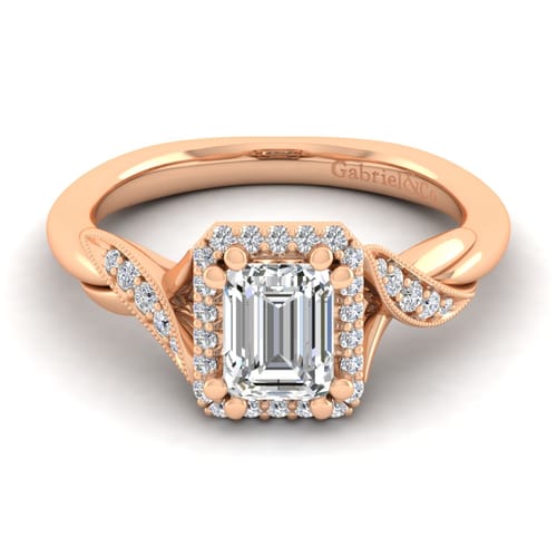 Vintage Inspired 14K Rose Gold Halo Emerald Cut Diamond Engagement Ring Vintage Inspired 14K Rose Gold Halo Emerald Cut Diamond Engagement Ring