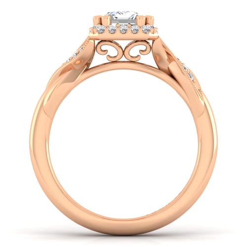 Vintage Inspired 14K Rose Gold Halo Emerald Cut Diamond Engagement Ring Vintage Inspired 14K Rose Gold Halo Emerald Cut Diamond Engagement Ring