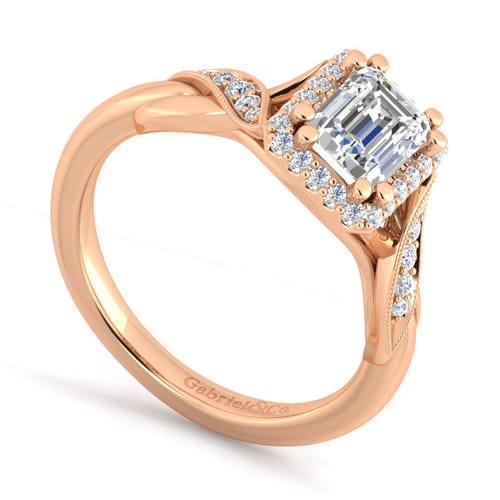 Vintage Inspired 14K Rose Gold Halo Emerald Cut Diamond Engagement Ring Vintage Inspired 14K Rose Gold Halo Emerald Cut Diamond Engagement Ring