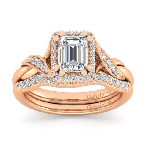 Vintage Inspired 14K Rose Gold Halo Emerald Cut Diamond Engagement Ring Vintage Inspired 14K Rose Gold Halo Emerald Cut Diamond Engagement Ring