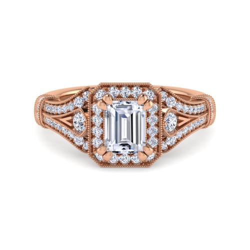 Vintage Inspired 14K Rose Gold Halo Emerald Cut Diamond Engagement Ring