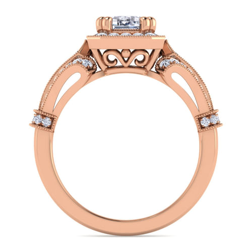 Vintage Inspired 14K Rose Gold Halo Emerald Cut Diamond Engagement Ring