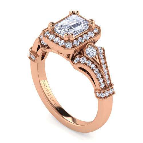 Vintage Inspired 14K Rose Gold Halo Emerald Cut Diamond Engagement Ring