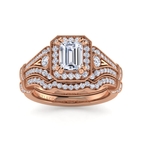 Vintage Inspired 14K Rose Gold Halo Emerald Cut Diamond Engagement Ring
