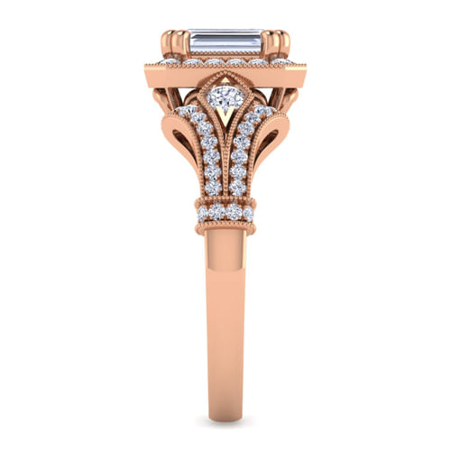 Vintage Inspired 14K Rose Gold Halo Emerald Cut Diamond Engagement Ring