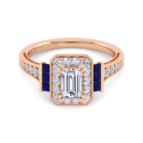 Vintage Inspired 14K Rose Gold Halo Emerald Cut Diamond and Sapphire Channel Set Engagement Ring