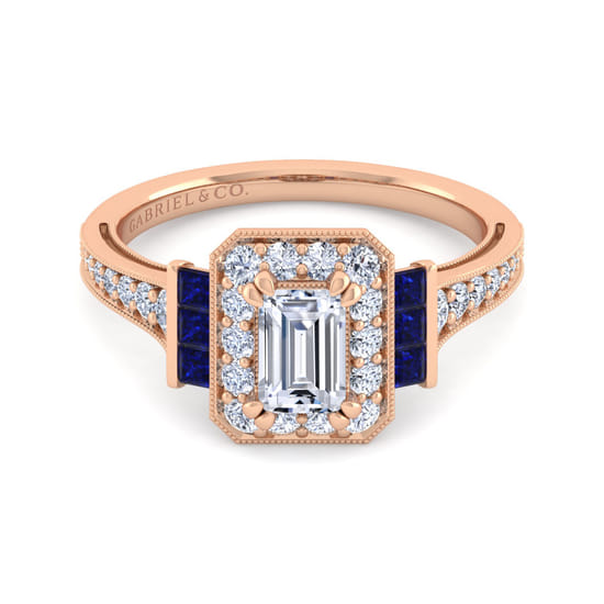Gabriel - Vintage Inspired 14K Rose Gold Halo Emerald Cut Diamond and Sapphire Channel Set Engagement Ring