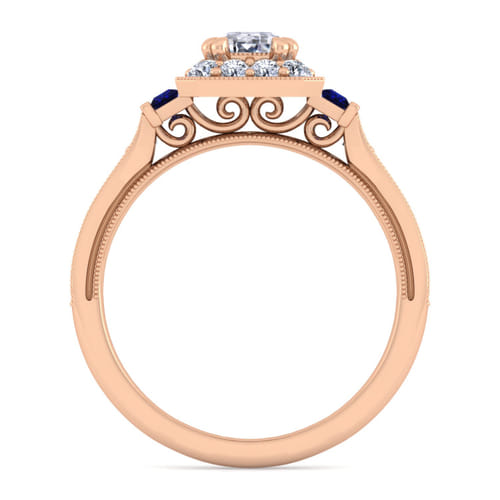 Vintage Inspired 14K Rose Gold Halo Emerald Cut Diamond and Sapphire Channel Set Engagement Ring